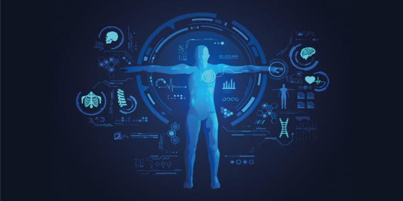 immagine di un uomo immerso in icone rappresentanti parti del corpo e nuove tecnologie